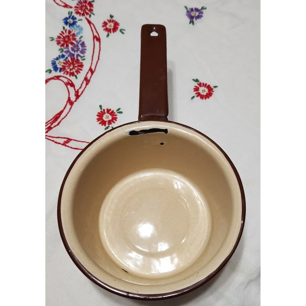 Set of 2 Enamelware Sauce Pans Light Speckle Beige & Brown Enamel